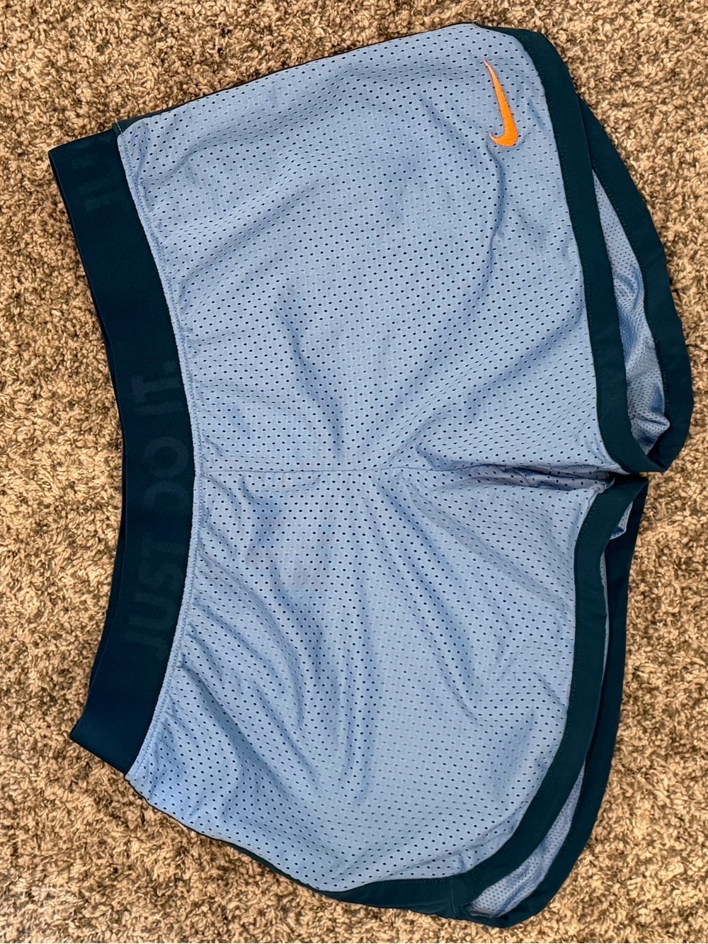 Nike Light Blue Mesh Running Shorts with Orange Swoosh
